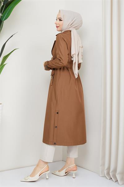 Kruvaze Yaka Kuşaklı Astarlı Taba Trençkot