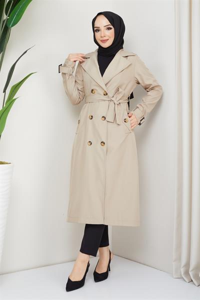 Kruvaze Yaka Kuşaklı Astarlı Taş Trençkot