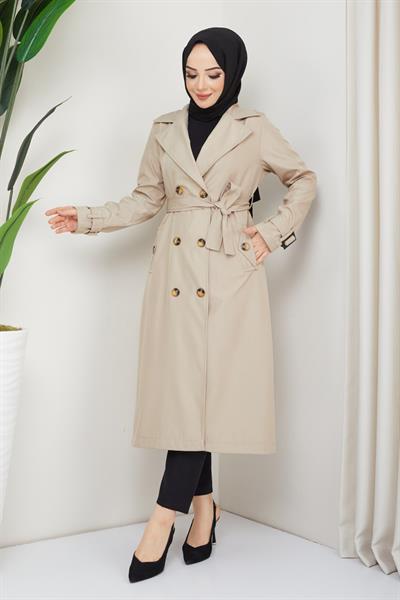 Kruvaze Yaka Kuşaklı Astarlı Taş Trençkot