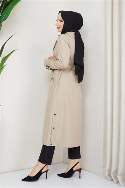 Kruvaze Yaka Kuşaklı Astarlı Taş Trençkot