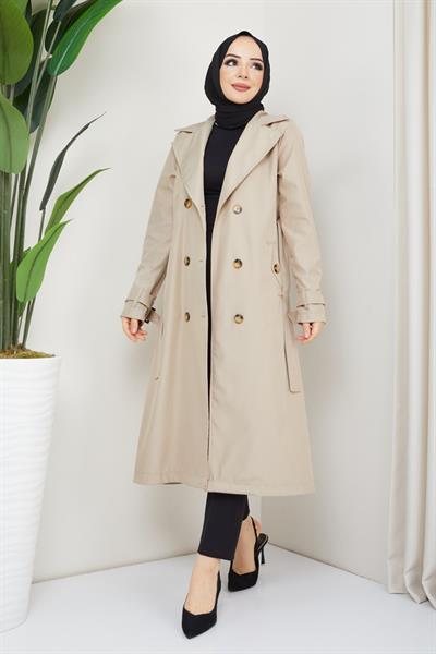 Kruvaze Yaka Kuşaklı Astarlı Taş Trençkot