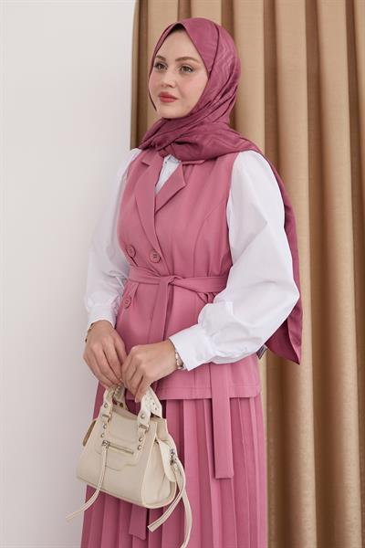 Kruvaze Yaka Piliseli Etekli Pembe Takım