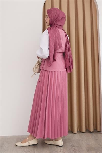 Kruvaze Yaka Piliseli Etekli Pembe Takım