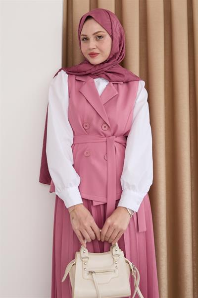 Kruvaze Yaka Piliseli Etekli Pembe Takım