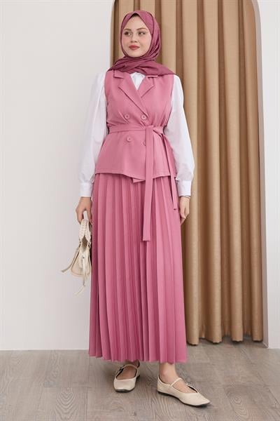 Kruvaze Yaka Piliseli Etekli Pembe Takım
