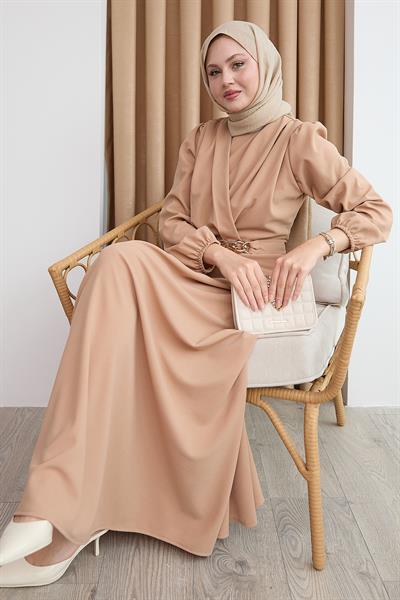 Kruvaze Yaka Zincir Kemerli Camel Elbise