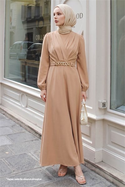 Kruvaze Yaka Zincir Kemerli Camel Elbise