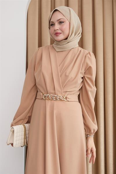 Kruvaze Yaka Zincir Kemerli Camel Elbise