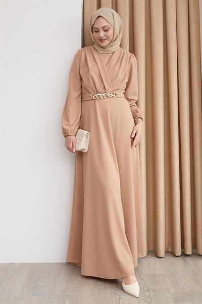 Kruvaze Yaka Zincir Kemerli Camel Elbise