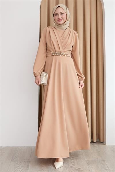 Kruvaze Yaka Zincir Kemerli Camel Elbise