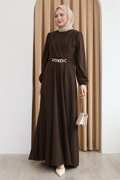 Kruvaze Yaka Zincir Kemerli Kahverengi Elbise