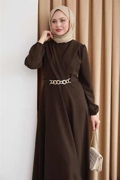 Kruvaze Yaka Zincir Kemerli Kahverengi Elbise