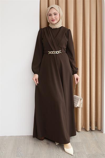 Kruvaze Yaka Zincir Kemerli Kahverengi Elbise