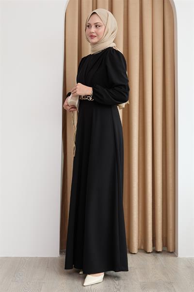 Kruvaze Yaka Zincir Kemerli Siyah Elbise