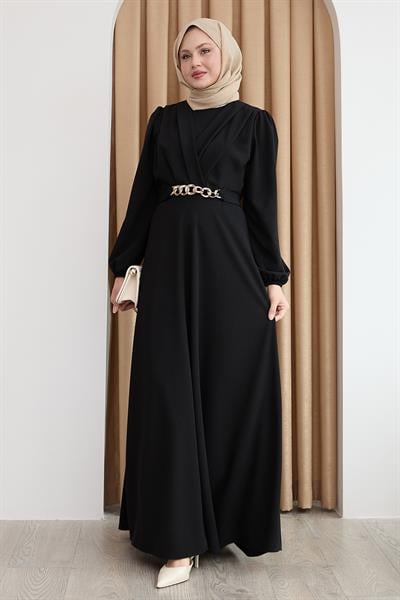 Kruvaze Yaka Zincir Kemerli Siyah Elbise
