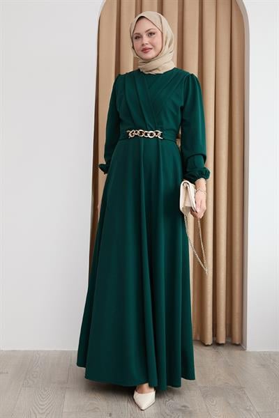 Kruvaze Yaka Zincir Kemerli Zümrüt Yeşili Elbise