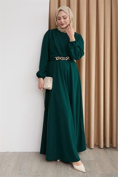 Kruvaze Yaka Zincir Kemerli Zümrüt Yeşili Elbise