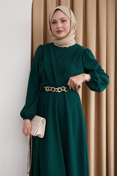 Kruvaze Yaka Zincir Kemerli Zümrüt Yeşili Elbise