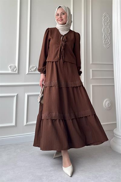 Kurdeleli Dantel Detay Etekli Krep Acı Kahve Takım
