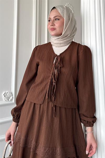 Kurdeleli Dantel Detay Etekli Krep Acı Kahve Takım