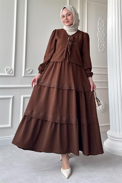 Kurdeleli Dantel Detay Etekli Krep Acı Kahve Takım