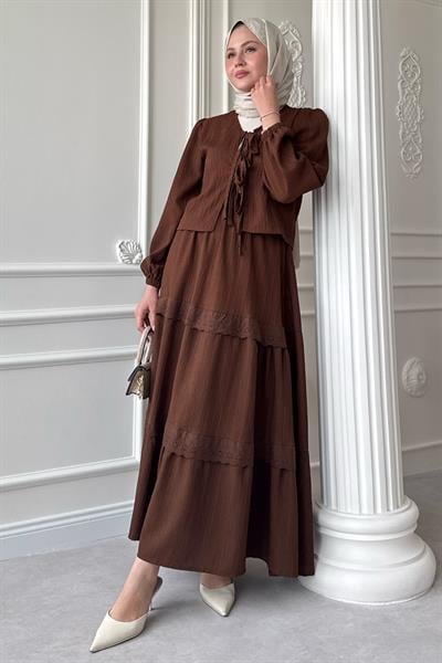 Kurdeleli Dantel Detay Etekli Krep Acı Kahve Takım