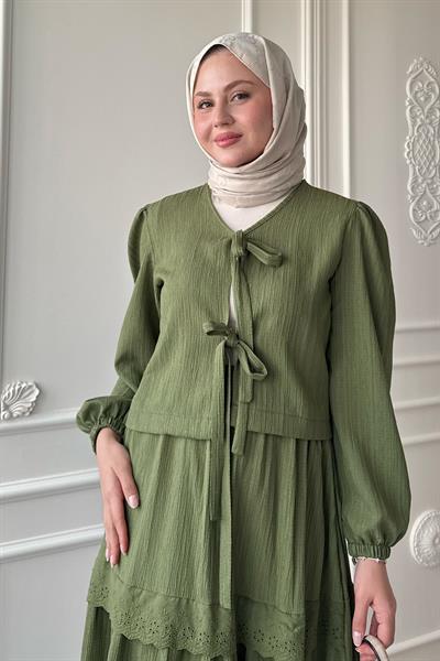 Kurdeleli Dantel Detay Etekli Krep Haki Takım