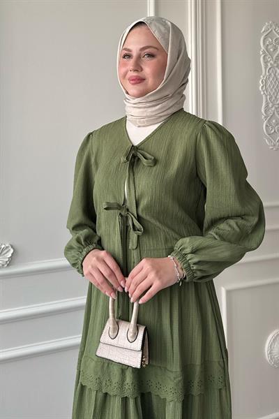 Kurdeleli Dantel Detay Etekli Krep Haki Takım