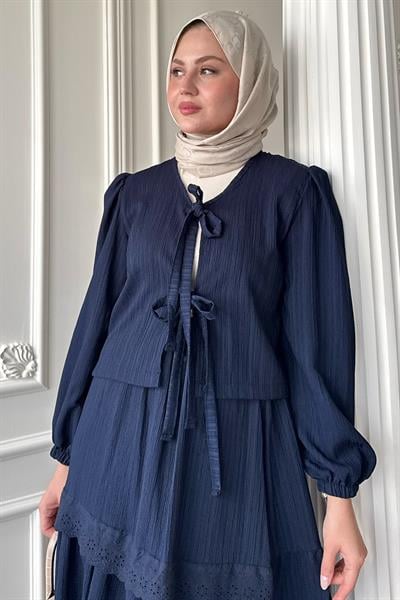 Kurdeleli Dantel Detay Etekli Krep Koyu Lacivert Takım