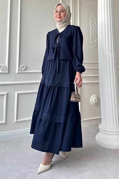 Kurdeleli Dantel Detay Etekli Krep Koyu Lacivert Takım