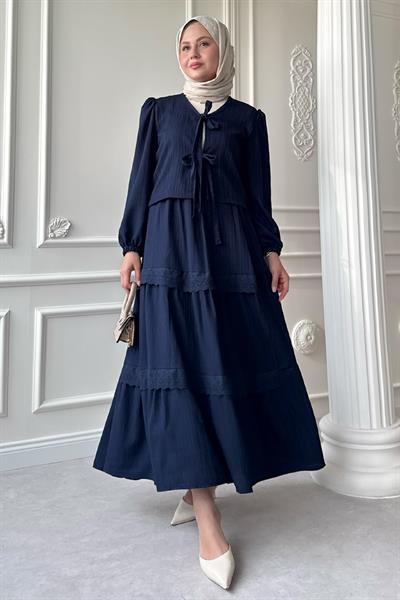 Kurdeleli Dantel Detay Etekli Krep Koyu Lacivert Takım