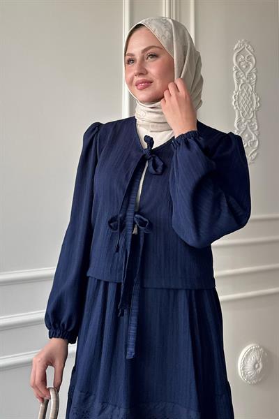 Kurdeleli Dantel Detay Etekli Krep Lacivert Takım