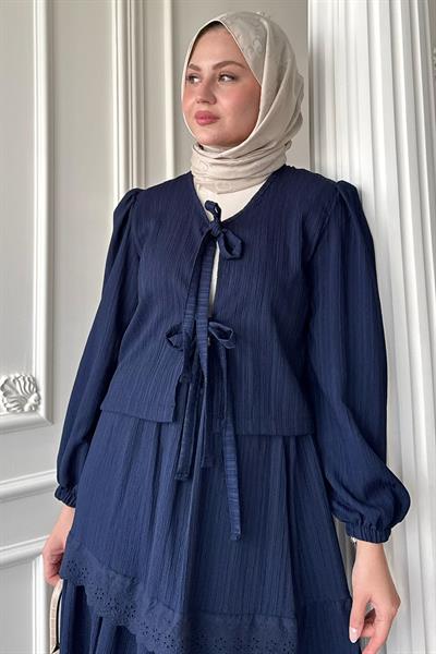 Kurdeleli Dantel Detay Etekli Krep Lacivert Takım
