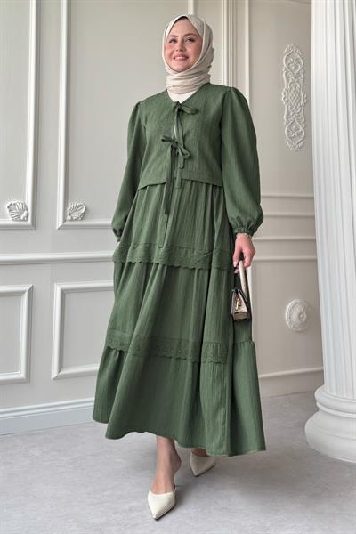 Kurdeleli Dantel Detay Etekli Krep Mint Yeşili Takım