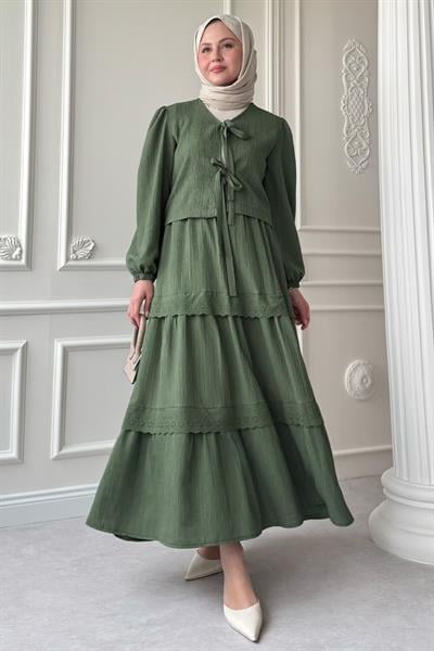 Kurdeleli Dantel Detay Etekli Krep Mint Yeşili Takım