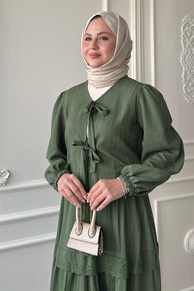 Kurdeleli Dantel Detay Etekli Krep Mint Yeşili Takım