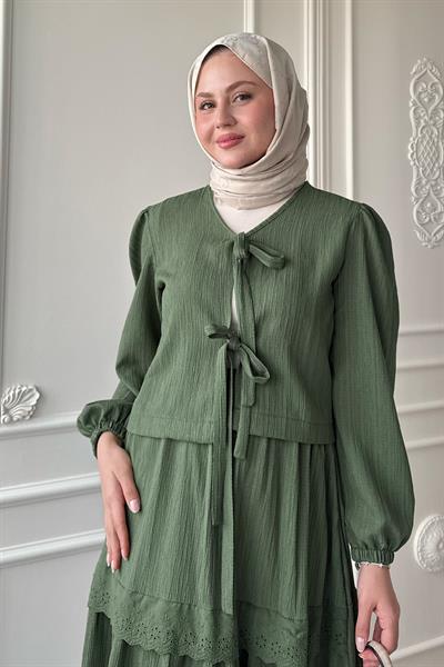 Kurdeleli Dantel Detay Etekli Krep Mint Yeşili Takım