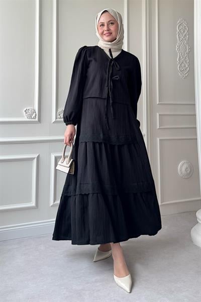 Kurdeleli Dantel Detay Etekli Krep Siyah  Takım