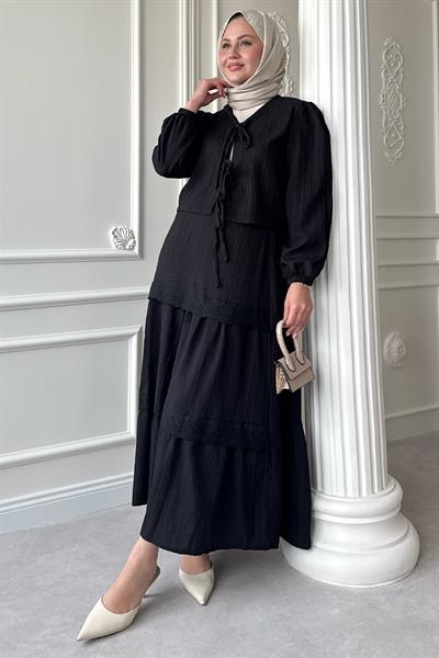 Kurdeleli Dantel Detay Etekli Krep Siyah  Takım