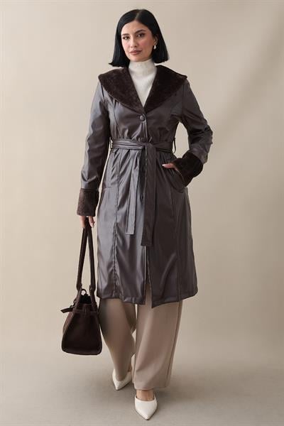 Kürk Detaylı Acı Kahve Deri Trençkot
