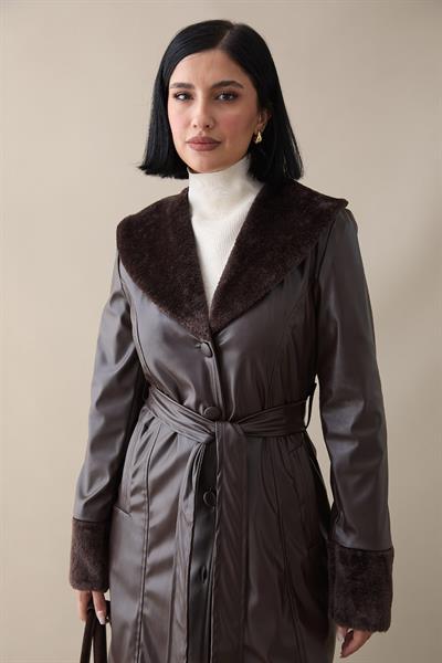Kürk Detaylı Acı Kahve Deri Trençkot