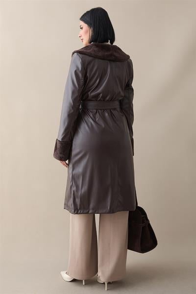 Kürk Detaylı Acı Kahve Deri Trençkot