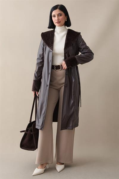 Kürk Detaylı Acı Kahve Deri Trençkot