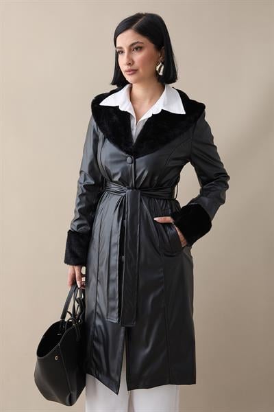 Kürk Detaylı Siyah Deri Trençkot