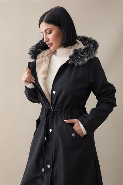Kürklü İçi Polar Uzun 2002 Kaban - Siyah