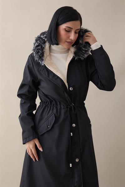 Kürklü İçi Polar Uzun 2002 Kaban - Siyah