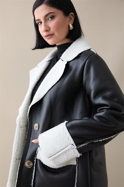 Kürklü Suni Deri Cepli Kaban - Siyah