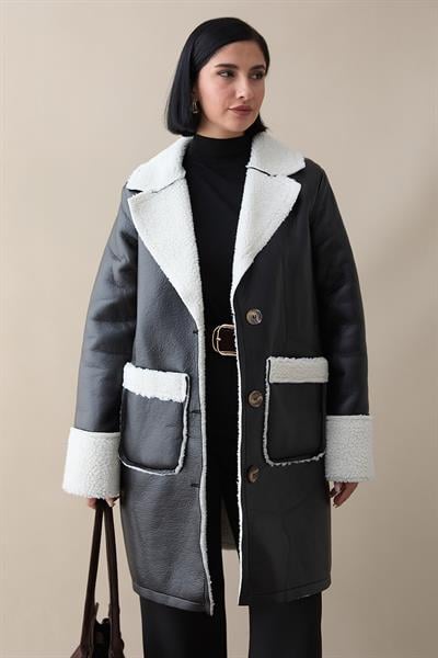 Kürklü Suni Deri Cepli Kaban - Siyah