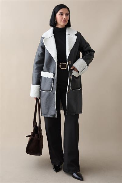 Kürklü Suni Deri Cepli Kaban - Siyah