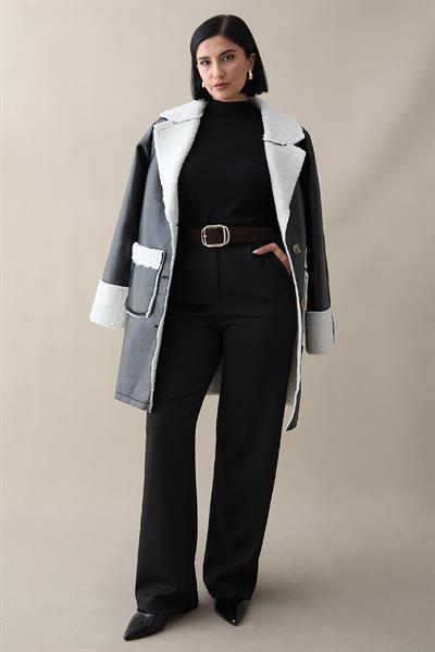 Kürklü Suni Deri Cepli Kaban - Siyah